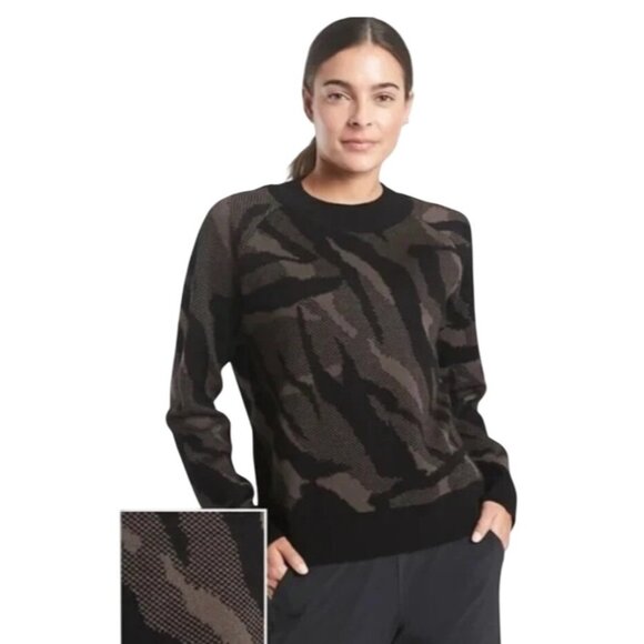 Athleta  Women Small Jacquard Wool Blend Black & Brown Camo Crewneck Sweater - Picture 1 of 8